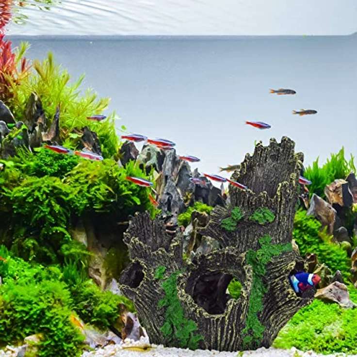 Relaxdays Baumstamm Höhle für Aquarien, Deko in Natur-Optik, 3D-Versteck aus ungiftigem Polyresin, schwarz-grün, HxBxT 16,5 x 15,5 x 11 cm – Bild 5