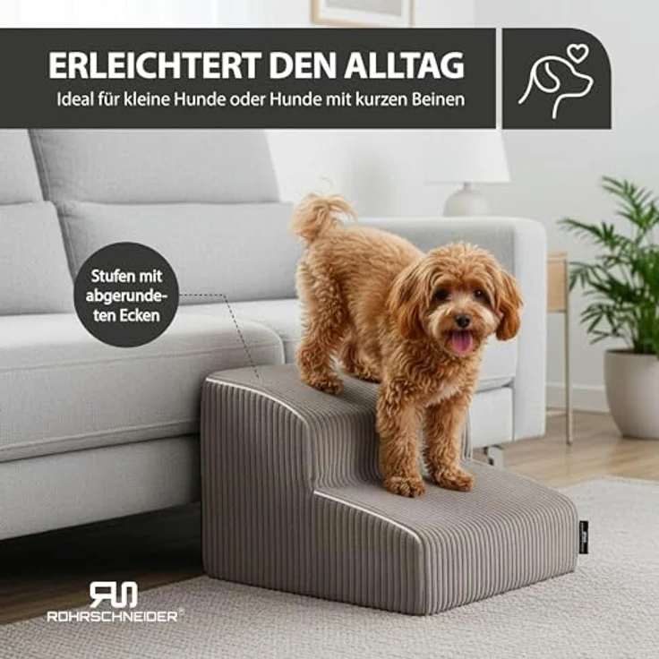 Rohrschneider Hundetreppe für kleine Hunde, Rutschfeste Haustiertreppe mit waschbarem Cordbezug, Hunderampe mit Schaumstofffüllung (Taupe), Made in EU – Bild 4