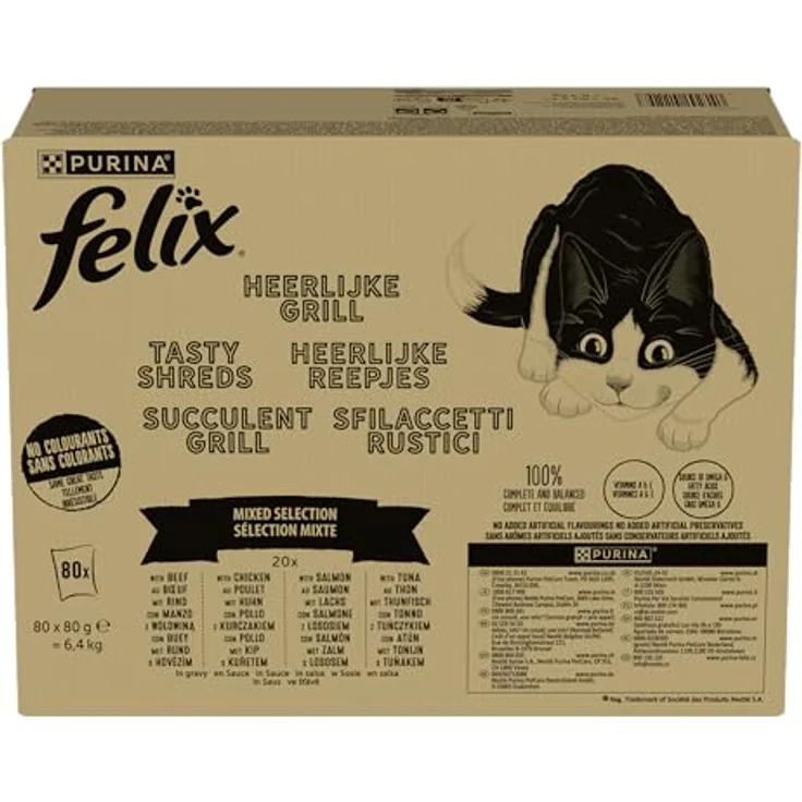 FELIX Tasty Shreds Katzenfutter nass in Sauce, Gemischte Vielfalt mit Rind, Huhn, Lachs und Thunfisch, 80er Pack (4x20x80g) – Bild 2