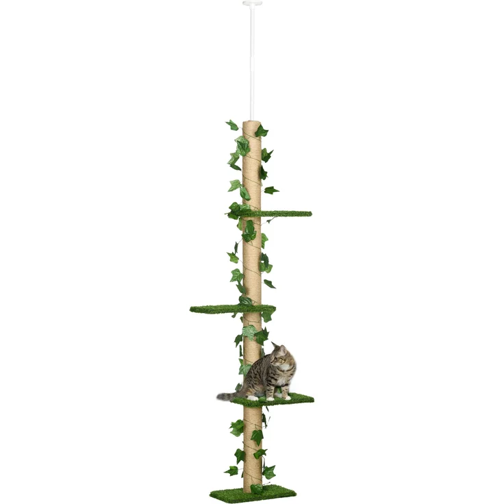 MH Katzenkratzbaum, höhenverstellbar 202-242 cm, rutschfest, mit Juteseil-Pfosten und stabilen Liegeflächen, Grün/Gelb