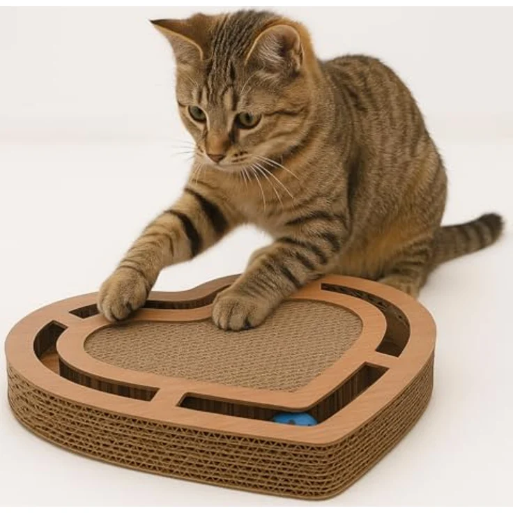 Flamingo Kratzbrett Poro Braun, Kratzpappe für Katzen mit Catnip und Klingelball, 42,5x33,5x5,5 cm, recycelbar – Bild 1