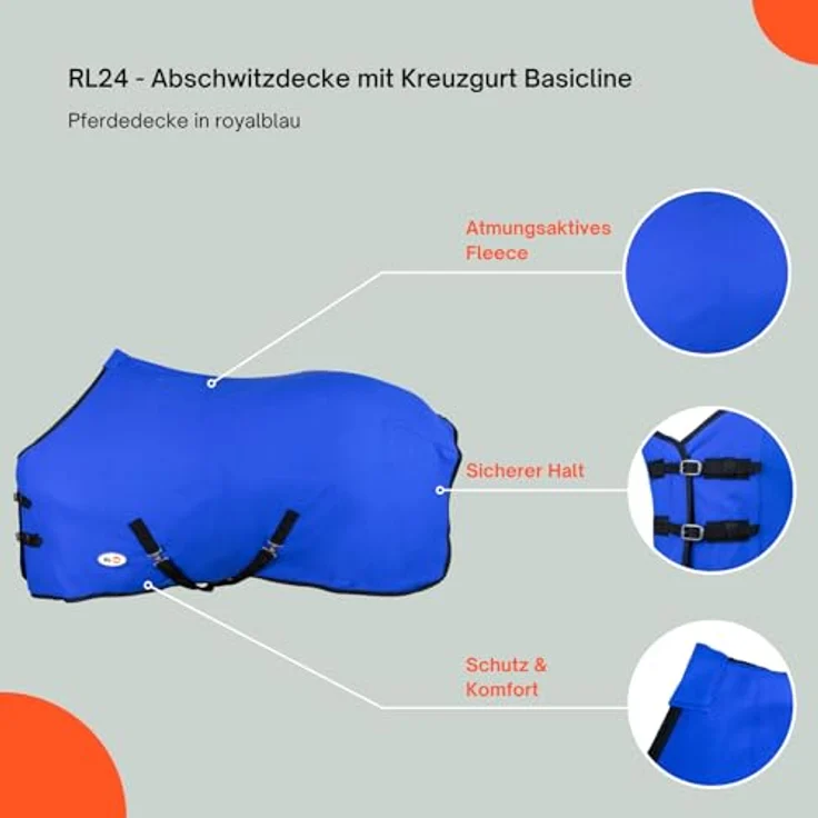 RL24 Abschwitzdecke mit Kreuzgurt BASICLINE, atmungsaktiv und schnelltrocknend, königsblau, 125cm – Bild 2