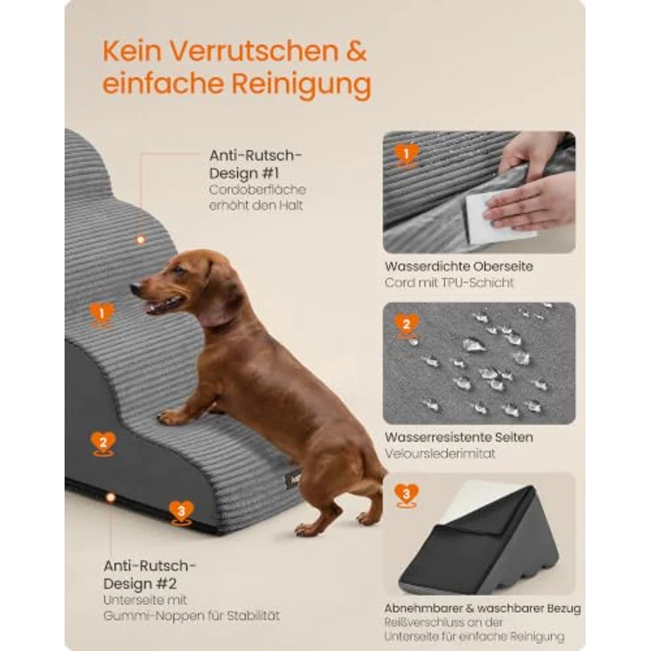 Feandrea Hundetreppe PPS004GN01, 4-stufige Haustiertreppe für kleine Hunde, rutschfest, wasserdicht, abnehmbarer waschbarer Bezug, schiefergrau – Bild 5