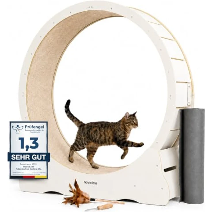 noviclass® Katzenlaufrad Baghira XXL, 132 cm Durchmesser, mit Anti-Vibrationsmatte und kurzflorigem Teppich in Weiß mit beigem Teppich – Bild 1