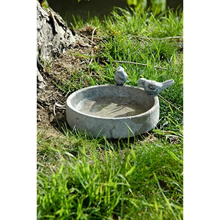Dobar 12972 Runde Vogeltränke mit Zwei Deko-Vögeln, Vogelbecken aus Keramik für Wildvögel, grau – Bild 5
