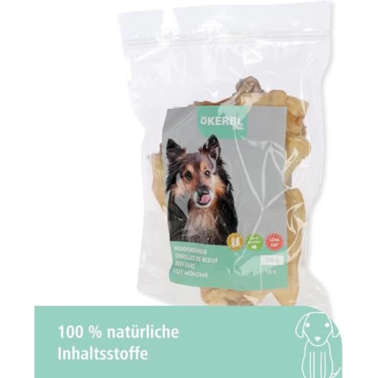 Kerbl Pet Rinderohren, Hundesnack, 20er Beutel, 380g, fettarm, geruchsarm, Naturkauartikel für alle Hunderassen – Bild 3