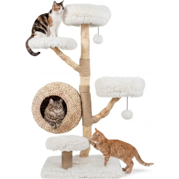 KOMFOTTEU 5-stufiger Katzenbaum, 134 cm Kratzbaum mit Katzenhöhle, Jute-Kratzsäulen, gepolsterten Plattformen und Hängeball, Grau/Weiß