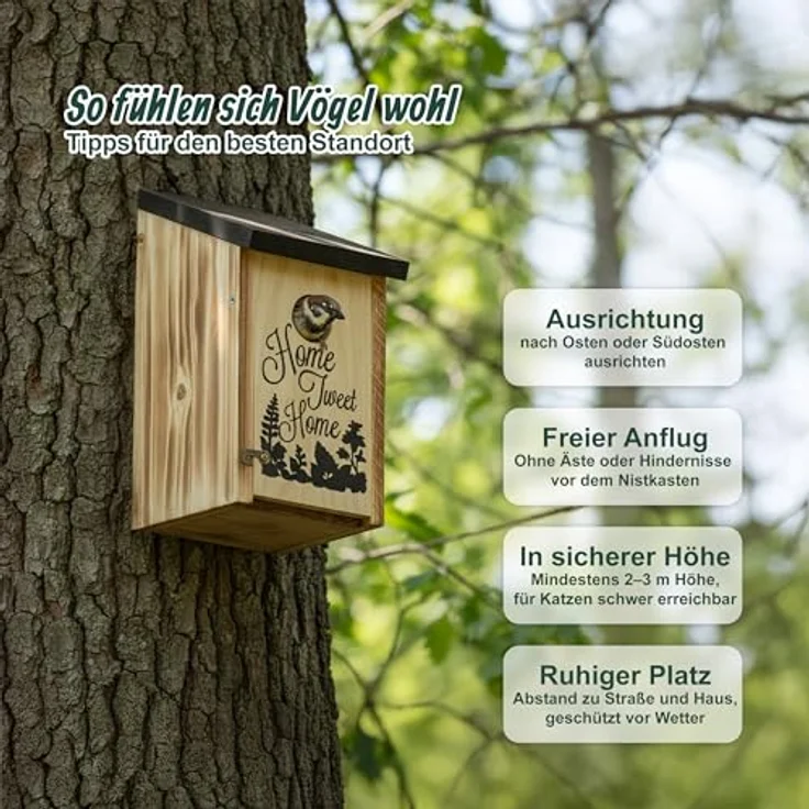 Relaxdays Nistkasten für Meisen & Spatzen, Holz mit Reinigungsklappe, geflammt, Einflugloch 32 mm, Vogelhaus zum Aufhängen – Bild 2