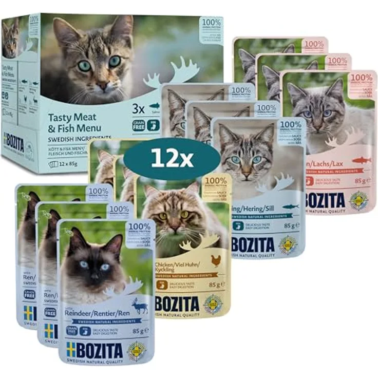Bozita Nassfutter Häppchen in Sauce mit Fisch und Fleisch, 12x85g getreidefreies & weizenfreies Katzennassfutter für erwachsene Katzen mit 8,5% Protein & 4,5% Fettgehalt