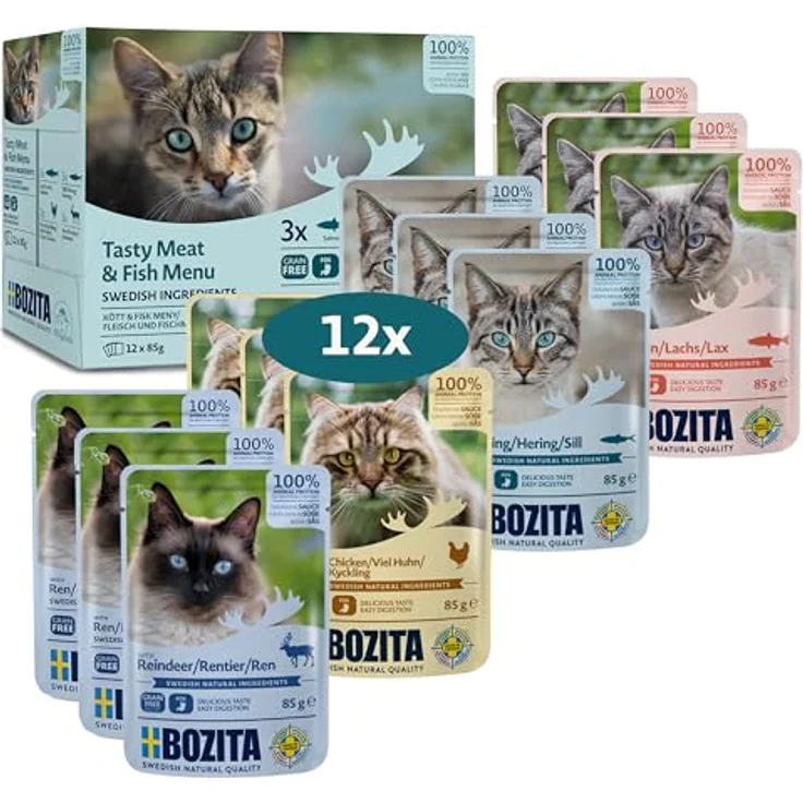 Bozita Nassfutter Häppchen in Sauce mit Fisch und Fleisch, 12x85g getreidefreies & weizenfreies Katzennassfutter für erwachsene Katzen mit 8,5% Protein & 4,5% Fettgehalt