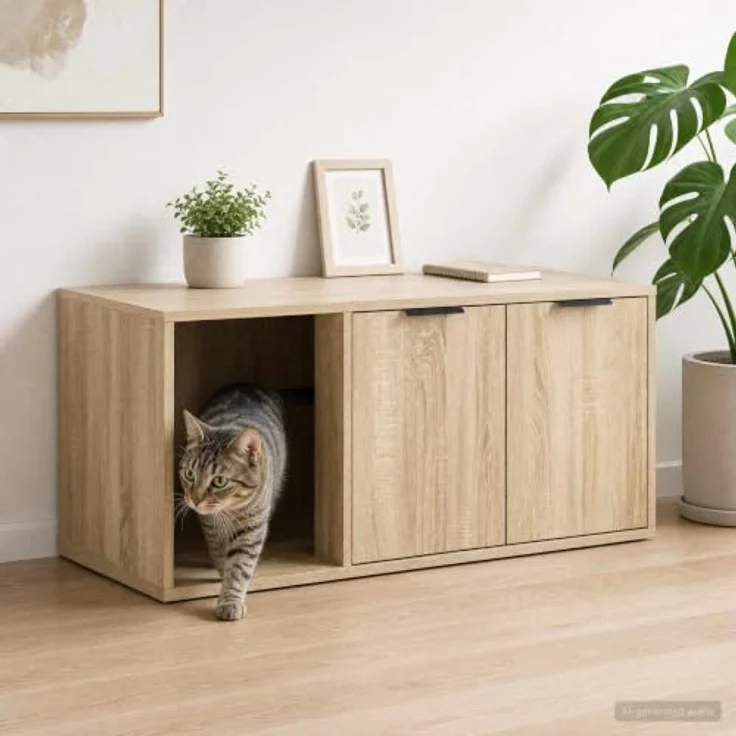 vidaXL Katzenkiste Möbel Sonoma-Eiche, modernes Katzenhaus mit verstecktem Katzenklo-Design, 100 x 49 x 45 cm, Indoor-Rückzugsort – Bild 2