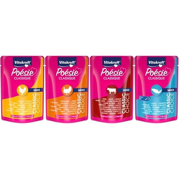 Vitakraft Poésie Classique, Nassfutter für Katzen in Sauce, mit Huhn, Truthahn, Rind und Lachs, ohne Zucker und Getreide, 12x85g Paket – Bild 4
