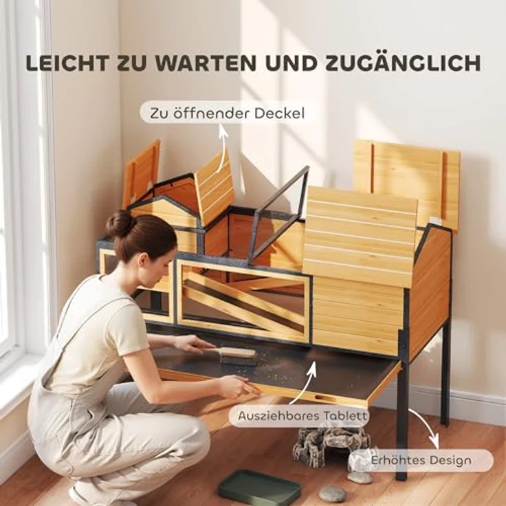 PawHut Schildkrötenhaus aus Holz, erhöhtes Schildkrötengehege mit 2 Etagen, Sichtfenstern und aufklappbarem Deckel, 128x63x96cm, gelb – Bild 5