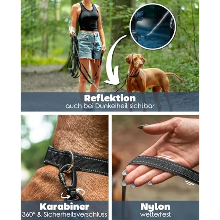 lionto Schleppleine für Hunde, 5 m, gummierte Leine mit Handschlaufe, 360° Metallkarabiner mit Sicherheitsverschluss, reflektierende, wetterfeste Nylonleine, schwarz – Bild 3