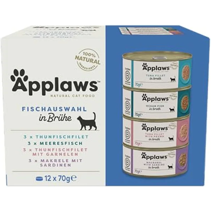 Applaws 100% natürliches Premium-Nassfutter für Katzen, Fisch-Multipack mit Thunfisch, Garnelen, Meeresfisch und Makrele, 12 x 70g Dosen