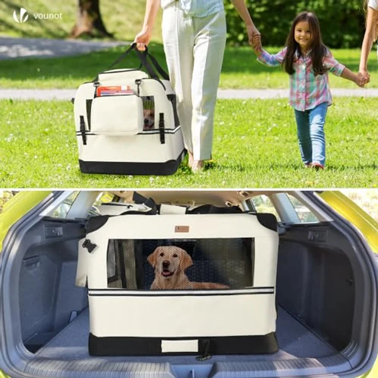 VOUNOT faltbare Hundebox XL, Transportbox für Hunde und Katzen, atmungsaktives Oxford-Gewebe, 82x60x60cm, beige, mit Grifffunktion und Taschen – Bild 3