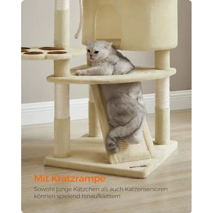 Feandrea PCT40M, mehrstöckiger Katzenkratzbaum mit Plattform, Höhle, Kratzrampe und 4 Kratzsäulen, für Katzen bis 7 kg, 49 x 49 x 95 cm, beige, einfache Montage – Bild 3