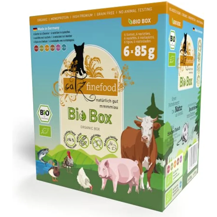 catz finefood Bio Katzenfutter MIX Paket, 6 x 85 g Nassfutter ohne Getreide & Zucker, 94% Fleischanteil, 6 Sorten (Lachs, Pute, Schwein, Rind, Ente, Huhn) – Bild 2