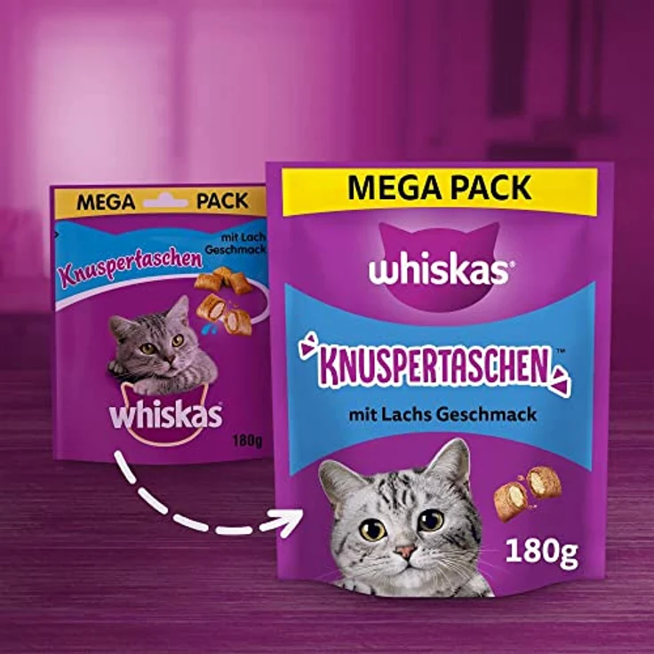 Whiskas Knuspertaschen Katzensnacks mit Lachsgeschmack, 4x180g, angereichert mit Vitaminen und Mineralstoffen, ohne künstliche Aromastoffe – Bild 2
