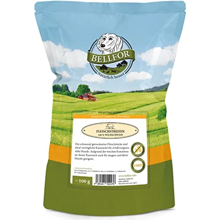 Bellfor Fleischstreifen Wildschwein, 100 g, getreidefreier Hundesnack aus 100% regionalem Wildschweinfleisch, weich und gut verdaulich