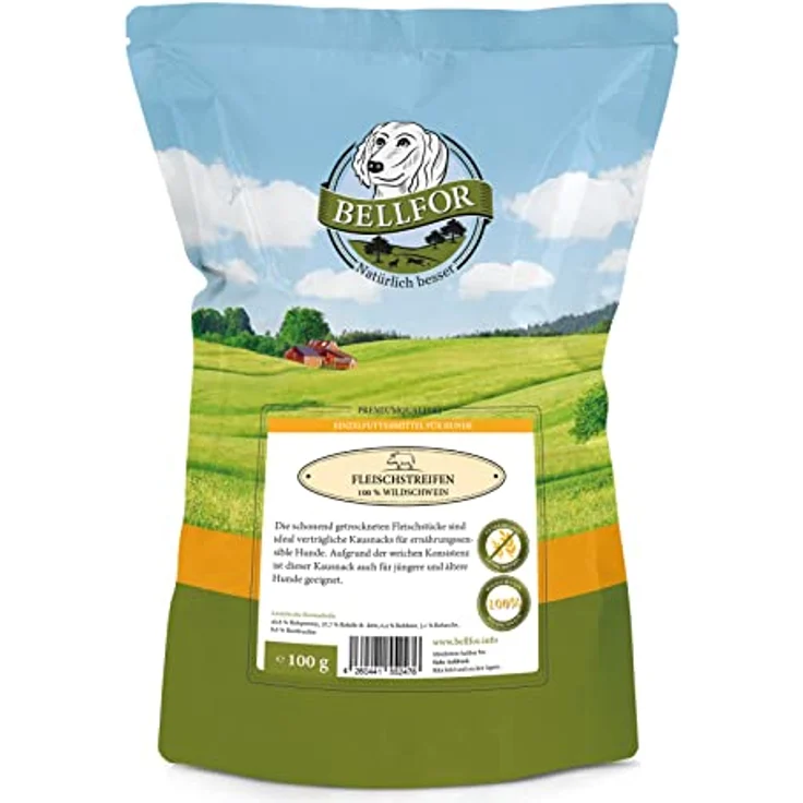 Bellfor Fleischstreifen Wildschwein, 100 g, getreidefreier Hundesnack aus 100% regionalem Wildschweinfleisch, weich und gut verdaulich – Bild 1