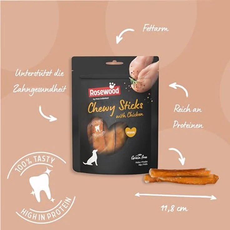 Rosewood Chewy Sticks Huhn Medium, Kaustangen mit Hühnerfleisch und Rinderhaut, ohne Getreide, unterstützt die Zahnpflege, 6er Pack (6x100 g) – Bild 3