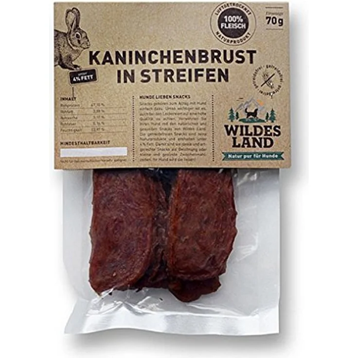 Wildes Land Kaninchenfleisch in Streifen, 70 g, 93% Fleischanteil, getreide- und glutenfrei, hypoallergen, unter 4% Fett, für Hunde und Katzen