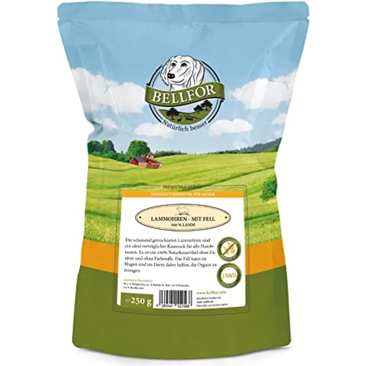 Bellfor Lammohren mit Fell, Getreidefreie Kauartikel für Hunde, 250 g, fördert Zahnhygiene und reduziert Plaque