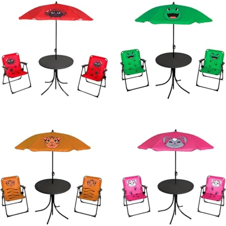 Mojawo 4tlg Kinder Campingmöbel Set, 2 x Klappstuhl mit Sicherheitsschloss, Tisch mit Schirmloch und Sonnenschirm, rot und orange – Bild 1