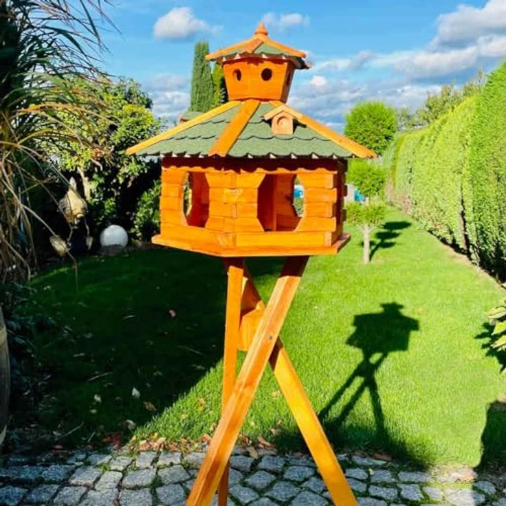 DARLUX handgefertigtes Sechseck Vogelhaus aus Holz, wetterfest, Größe XXL mit Ständer, Grün - Braun, inkl. Futterspender und Schornsteindeckel – Bild 3