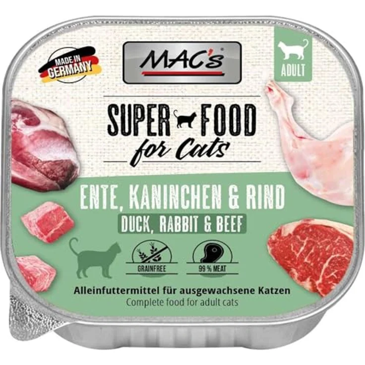 MAC's Katzenfutter getreidefrei, Ente, Kaninchen & Rind, 16er Pack (16 x 85 g), hoher Fleischanteil, ohne künstliche Zusatzstoffe, Made in Germany – Bild 1
