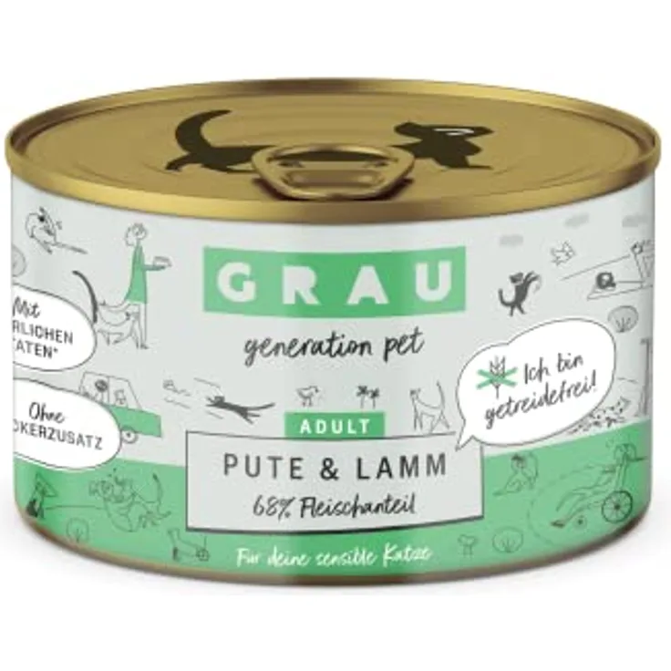 GRAU Nassfutter für Katzen, Pute & Lamm, 6er Pack (6 x 200 g), getreidefrei, leicht verdaulich, für erwachsene und sensible Katzen