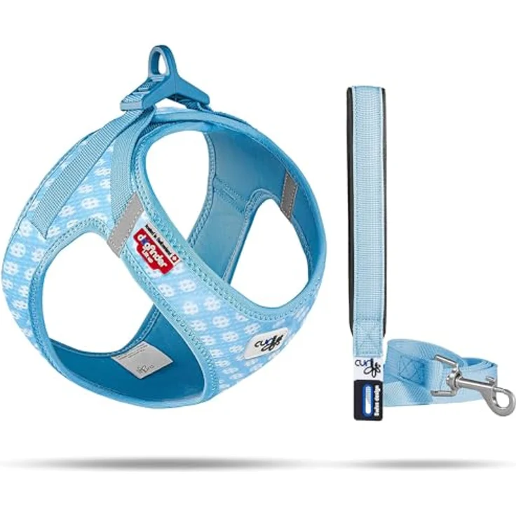 Curli Vest Harness Clasp Air-Mesh, ergonomisches Hundegeschirr mit DogFinder ID, Skyblue-Circles M & Leash L