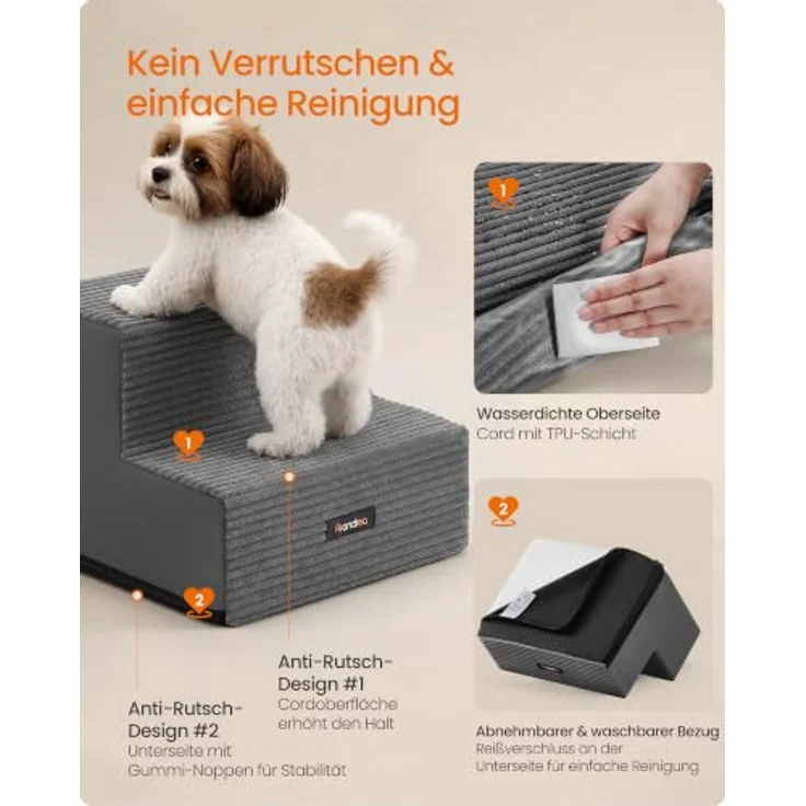Feandrea Hundetreppe Baddi Kollektion PPS022GN01, 2-stufige Katzentreppe aus Schaumstoff, Bleigrau, waschbar und rutschfest, 30 x 38 x 28 cm für kleine Hunde – Bild 5
