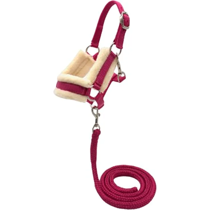 PFIFF Hobby Horse Halfter-Set „Little Lou“, Verstellbares Halfter mit Flauschiger Fellunterlage und Führstrick, Pink
