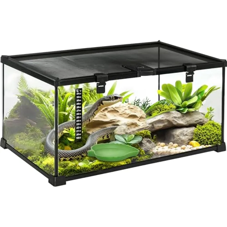 PawHut Terrarium für Reptilien, Glasterrarium mit Thermometer, wasserdicht und ausbruchsicher, schwarz, 50 x 30 x 25 cm