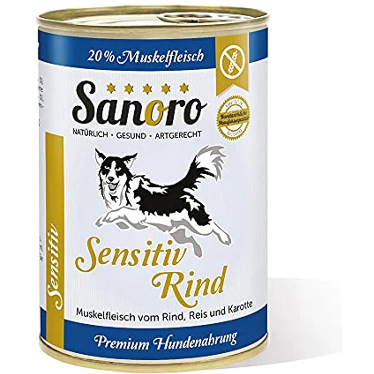 Sanoro Sensitiv Rind - Premium Hundefutter, purinreduziert und proteinreduziert, mit Bio-Reis und Bio-Karotten (12 x 400 g)