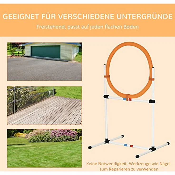 PawHut Agility Sprungring, 2-in-1 Agility Ring und Stangenhindernis mit Tragetasche, Kunststoff, 74,5 x 66 x 91 cm, Weiß+Orange – Bild 5