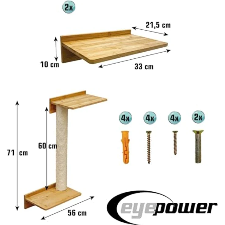 EYEPOWER 71 cm Wandkratzbaum Milo, Kletterbaum mit 2 Plateaus, Wandhalterung, Sisalstämme und massive Bambusplatte für Katzen – Bild 5