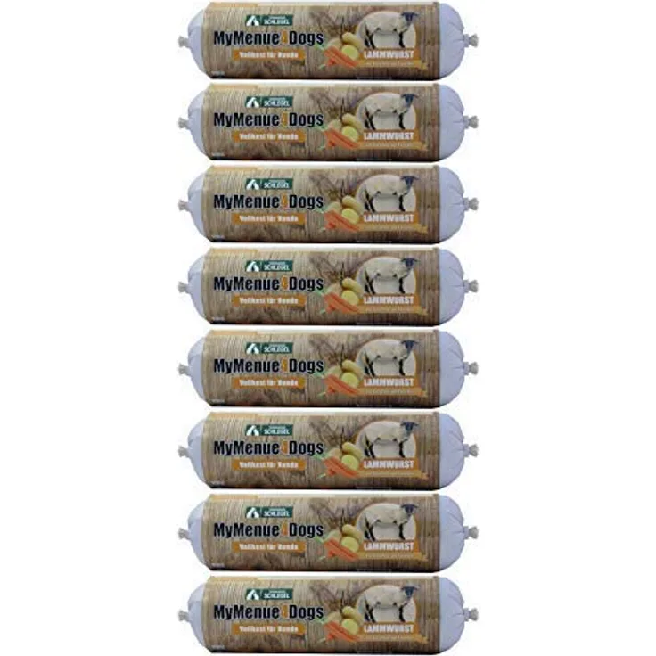 MyMenue4Dogs Hundefutter Lammwurst, 8 x 800 g, Vollnahrung mit Lamm, Kartoffeln und Karotten, geeignet für futterempfindliche Hunde, ohne Zusatzstoffe