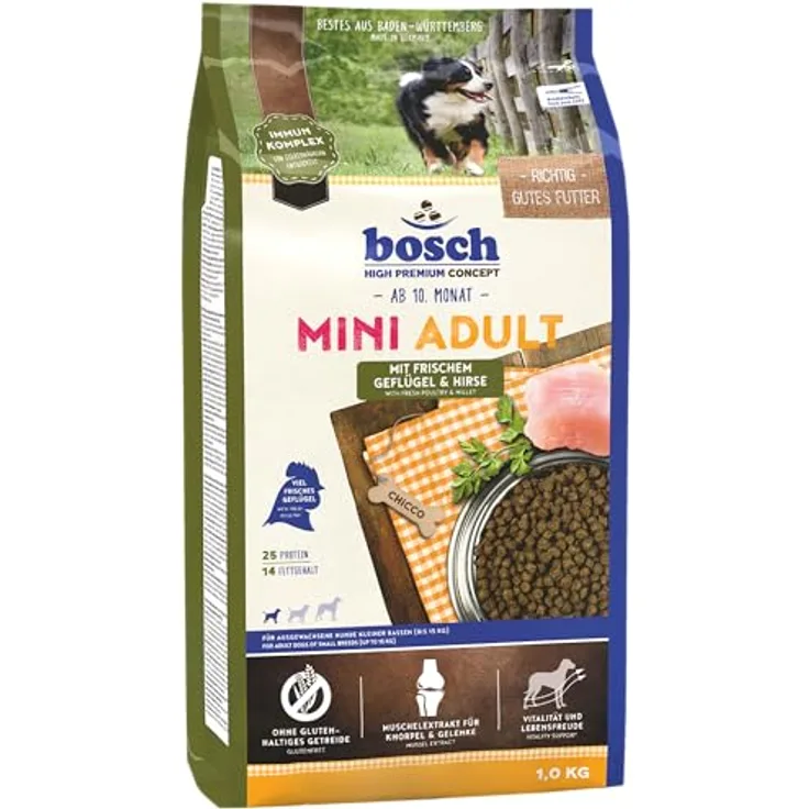 bosch HPC Mini Adult, Hundetrockenfutter mit frischem Geflügel & Hirse, glutenfrei, für kleine Rassen (bis 15 kg), 1 x 1 kg