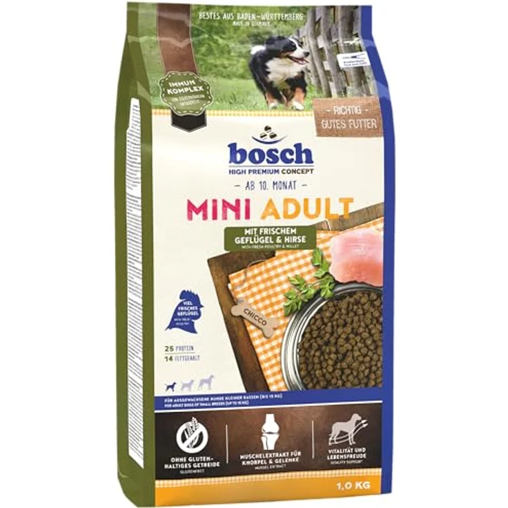 bosch HPC Mini Adult, Hundetrockenfutter mit frischem Geflügel & Hirse, glutenfrei, für kleine Rassen (bis 15 kg), 1 x 1 kg – Bild 1