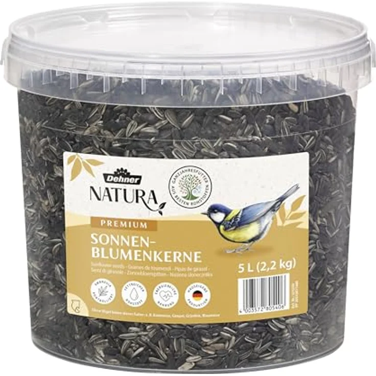 Dehner Natura Premium Wildvogelfutter, Sonnenblumenkerne, proteinreiches Ganzjahresfutter für Wildvögel, 2.2 kg – Bild 1