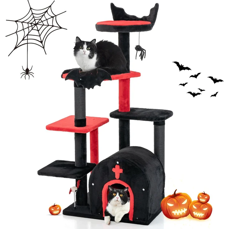 GOPLUS Gothic Kratzbaum groß, 6-stöckig mit 3 Sprungplattformen und privatem Bogen-Katzenhaus, schwarz-rot, Klettermöbel mit Bommel & Federbällen
