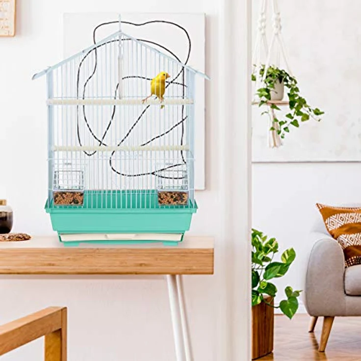 Relaxdays Vogelkäfig, Käfig für Kanarienvögel, Sitzenstangen & Futternäpfe, HxBxT: 49 x 39,5 x 32 cm, hellblau/mintgrün – Bild 2
