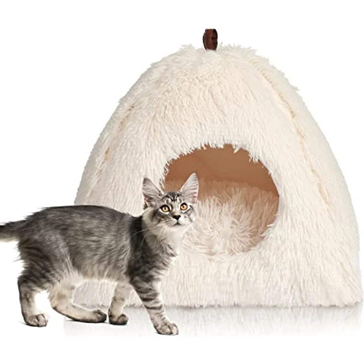 CATISM Katzenbett Waschbar, Flauschige Katzenhöhle mit rutschfestem Boden und 2-in-1 Design, Weiß – Bild 1