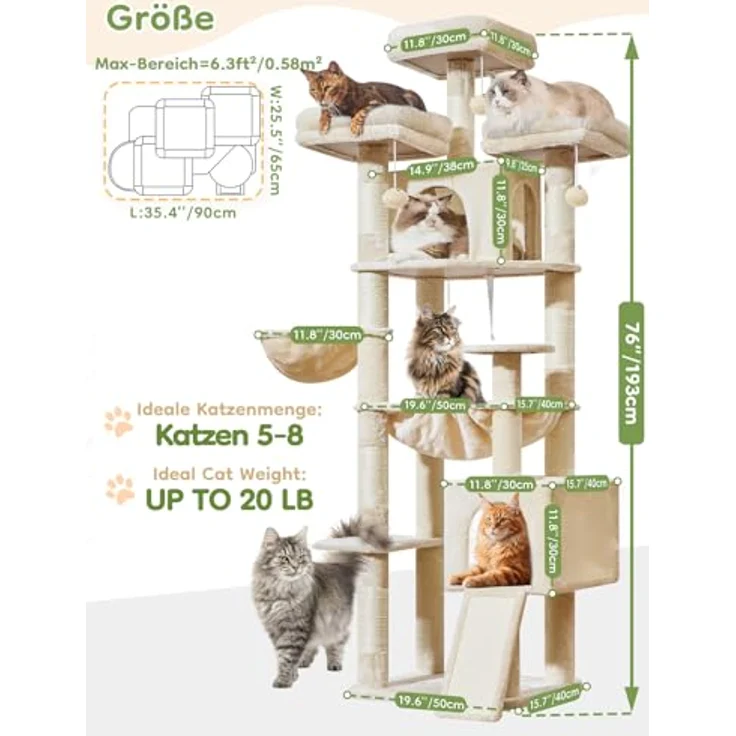 Taoqimiao MS047M 193cm Kratzbaum XXL, Multi-Level Katzenbaum für große Katzen mit 3 Plattformen und voll bedeckten Sisal-Kratzpfosten – Bild 3