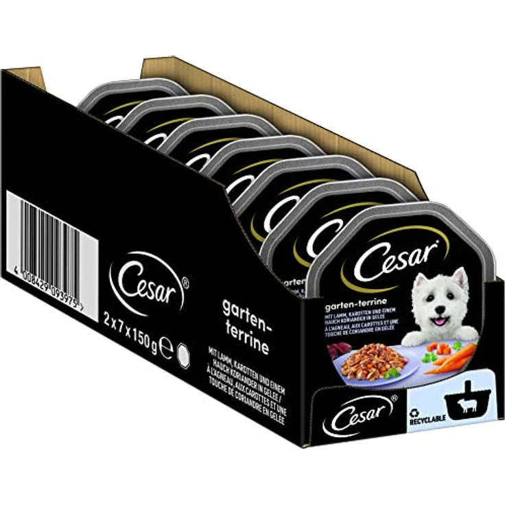 Cesar Hundefutter Nassfutter Empfehlung des Chefkochs, 7er Pack mit 150 g Schalen, ausgewogen mit Fleischstücken in Sauce – Bild 1
