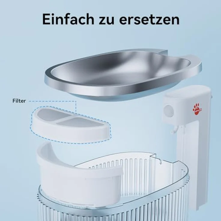AstroPet Trinkbrunnen ADDF-002MV, Kabelloser Katzenbrunnen mit 2,5L Edelstahl-Trinkschale und Filterwechsel-Erinnerung – Bild 5