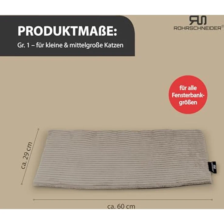 Rohrschneider Katzen Fensterliege, selbstwärmende Katzendecke aus Cordstoff, waschbar, rutschfeste Unterlage, Größe 1 (60 x 29 cm), Taupe, Made in EU – Bild 3